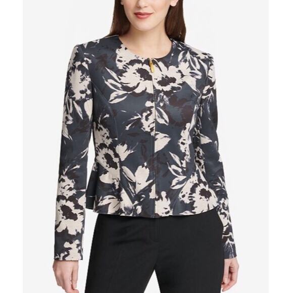 DKNY Collarless Floral Print Zip Up Peplum Jacket - Picture 1 of 7